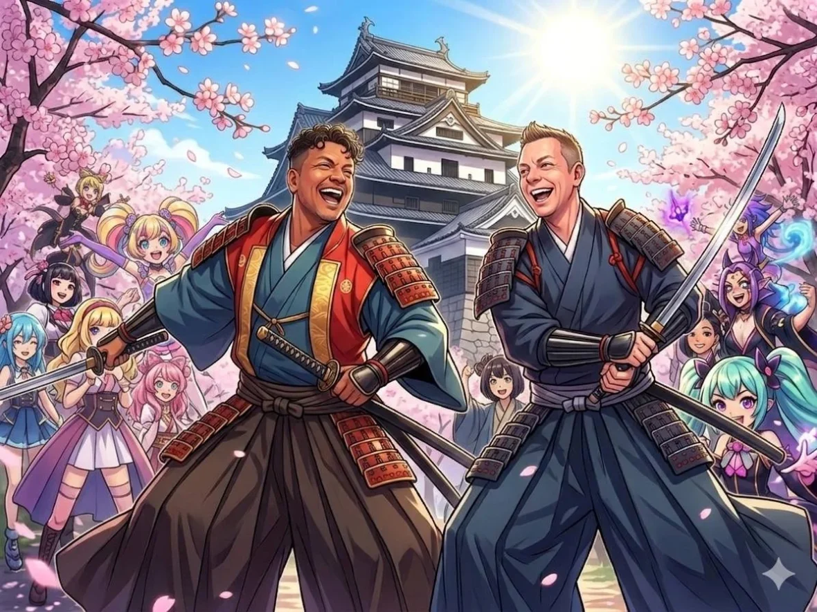 Vibrant anime illustration of Danny and Peter in traditional Japanese samurai armor standing in front of Matsue Castle with blooming cherry blossoms during a cruise call at Sakaiminato Japan Cruise Port Guide, DIY Sakaiminato Cruise Port to City Center, Things to do in Sakaiminato from cruise ship, Westerdam Sakaiminato Docking Location, One day in Sakaiminato Japan itinerary by Danny and Peter.