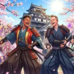 Vibrant anime illustration of Danny and Peter in traditional Japanese samurai armor standing in front of Matsue Castle with blooming cherry blossoms during a cruise call at Sakaiminato Japan Cruise Port Guide, DIY Sakaiminato Cruise Port to City Center, Things to do in Sakaiminato from cruise ship, Westerdam Sakaiminato Docking Location, One day in Sakaiminato Japan itinerary by Danny and Peter.