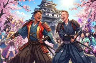 Vibrant anime illustration of Danny and Peter in traditional Japanese samurai armor standing in front of Matsue Castle with blooming cherry blossoms during a cruise call at Sakaiminato Japan Cruise Port Guide, DIY Sakaiminato Cruise Port to City Center, Things to do in Sakaiminato from cruise ship, Westerdam Sakaiminato Docking Location, One day in Sakaiminato Japan itinerary by Danny and Peter.