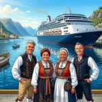 Colorful illustration of Danny, Danny's aunt, Danny's mother, and Peter in traditional Norwegian clothing standing at the harbor with Holland America Line's ship Rotterdam docked behind them in Ålesund, Norway. Ålesund Norway Cruise Port Guide, by Danny and Peter.