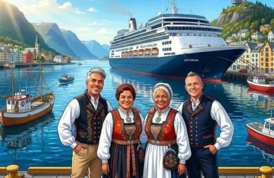 Colorful illustration of Danny, Danny's aunt, Danny's mother, and Peter in traditional Norwegian clothing standing at the harbor with Holland America Line's ship Rotterdam docked behind them in Ålesund, Norway. Ålesund Norway Cruise Port Guide, by Danny and Peter.