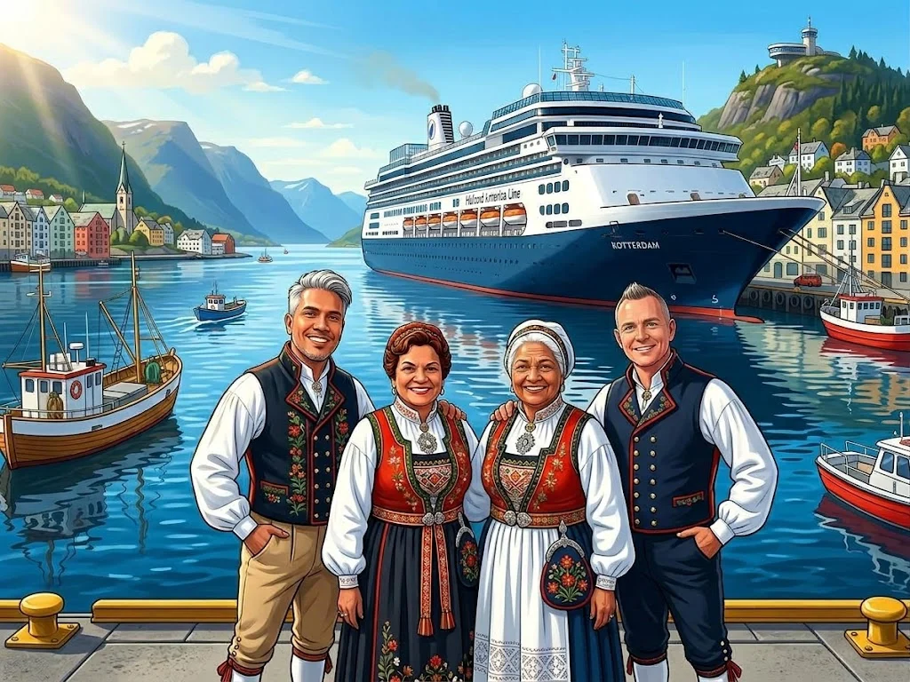 Colorful illustration of Danny, Danny's aunt, Danny's mother, and Peter in traditional Norwegian clothing standing at the harbor with Holland America Line's ship Rotterdam docked behind them in Ålesund, Norway. Ålesund Norway Cruise Port Guide, by Danny and Peter.