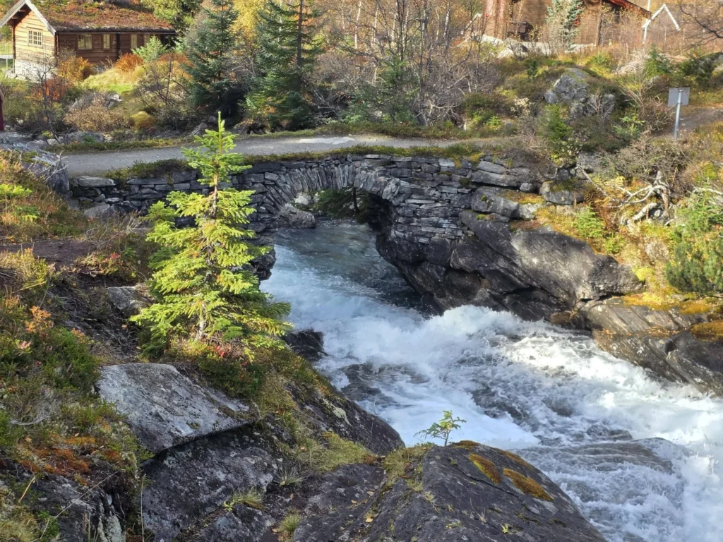 An historic stone arch bridge spanning over rushing white water rapids with grass-roofed wooden cabins and pine trees in the background at Krikebrua Waterfall during a Holland America Rotterdam shore excursion. Things to do in Ålesund from cruise ship, by Danny and Peter.